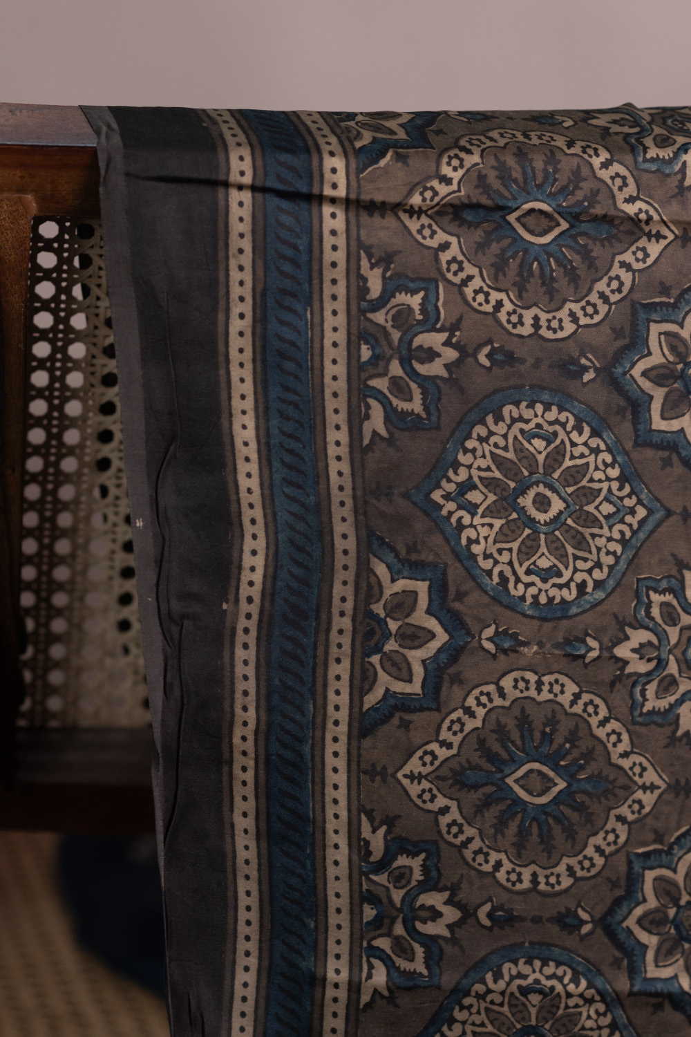 Deep Olive Grey Ajrak Modal Silk Fabric