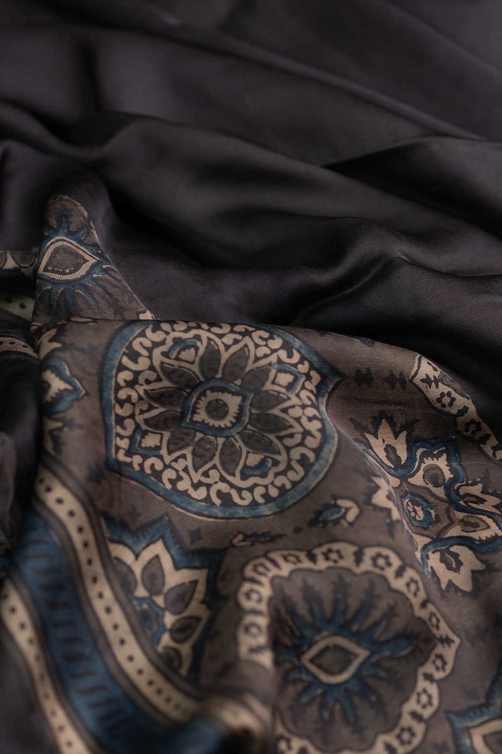 Deep Olive Grey Ajrak Modal Silk Fabric - Image 2