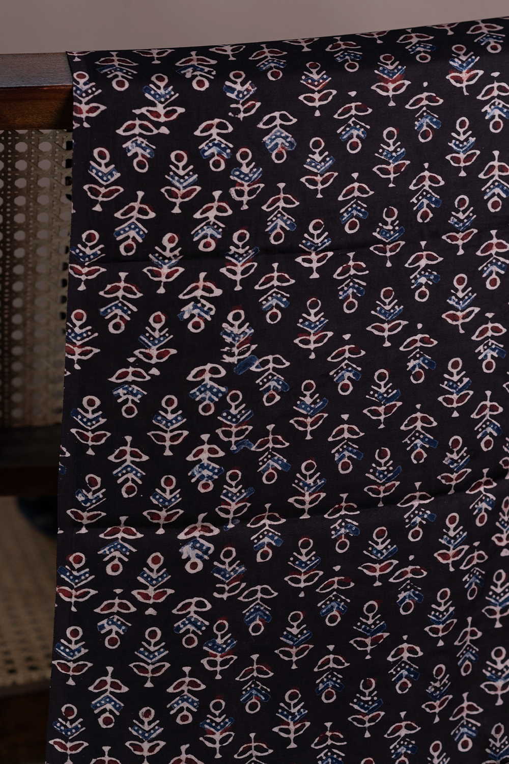 Black with Floral Butta Ajrak Modal Silk Fabric - Image 2