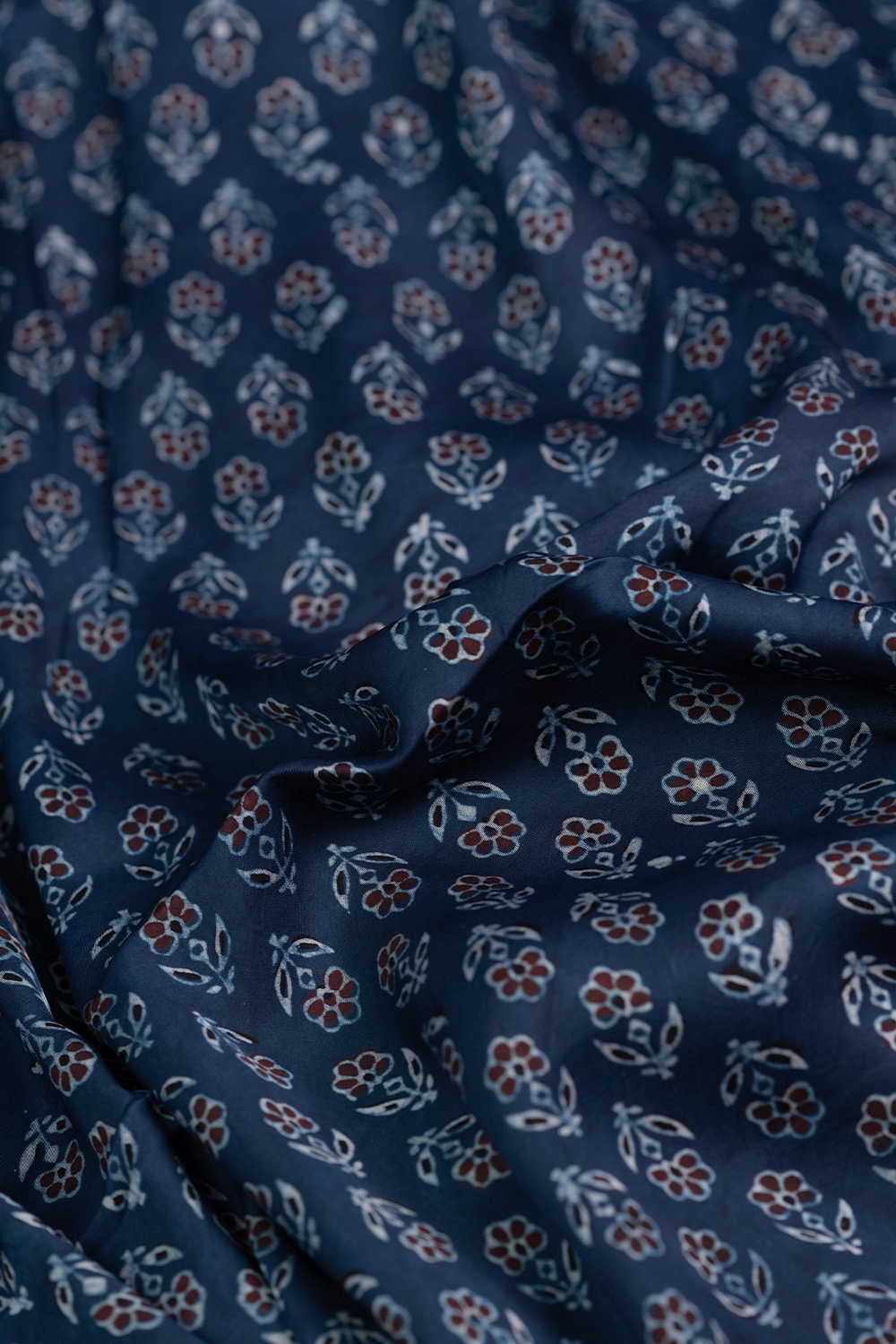 Indigo - Florets Ajrak Modal Silk Fabric