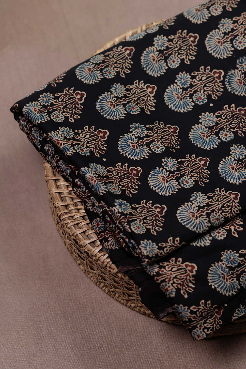 Tri - Floral on Black Ajrak Modal Silk Fabric