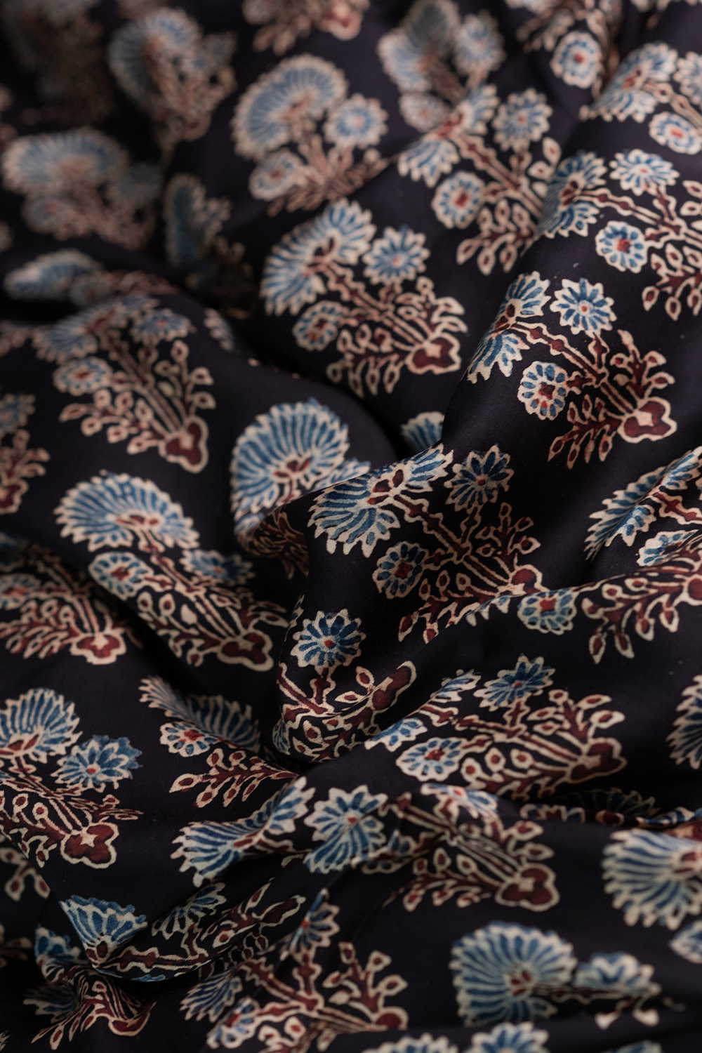 Tri - Floral on Black Ajrak Modal Silk Fabric - Image 2