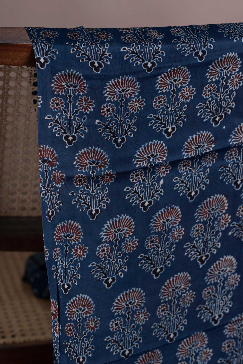 Tri - Floral on Indigo Ajrak Modal Silk Fabric - Image 2