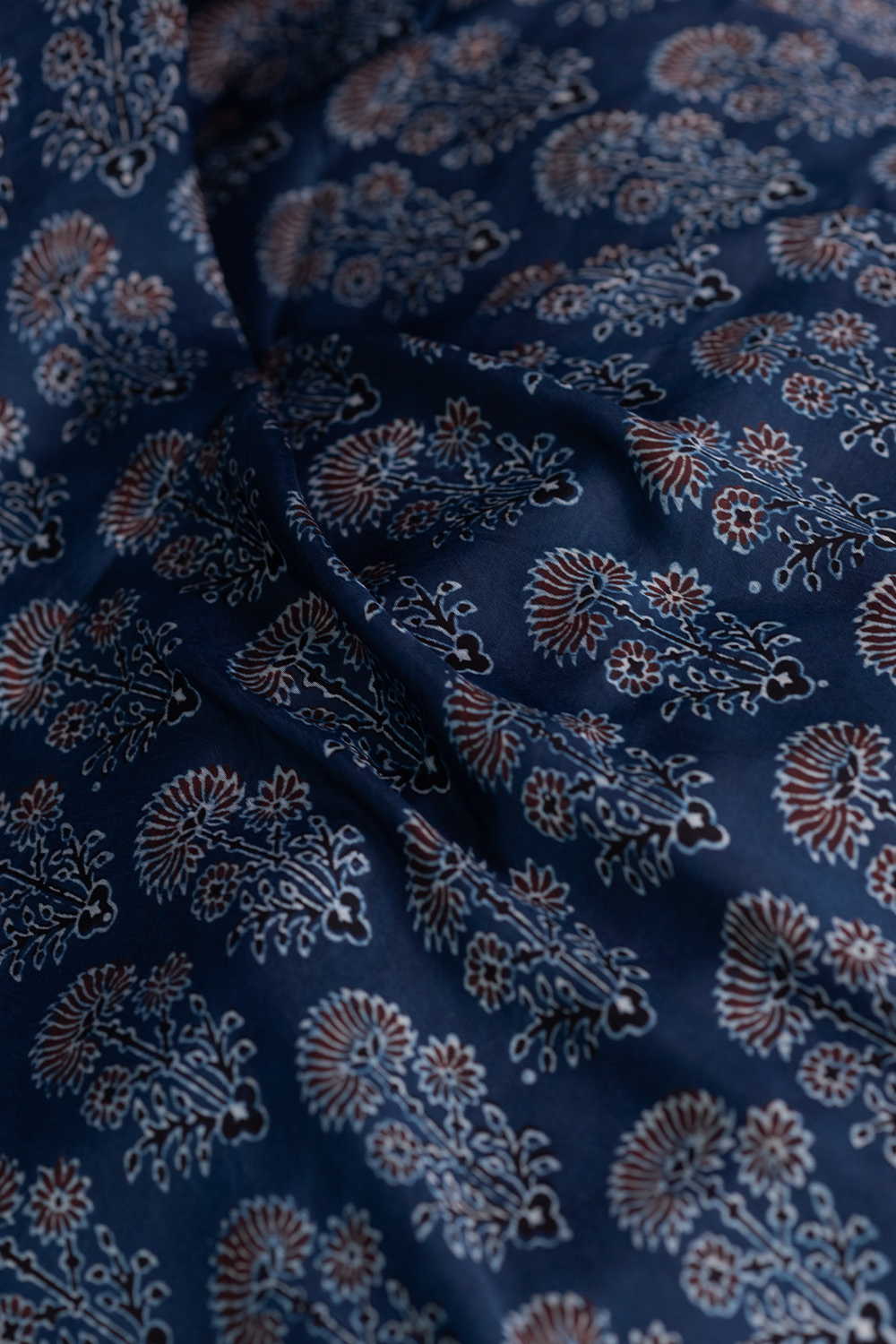 Tri - Floral on Indigo Ajrak Modal Silk Fabric - Image 3