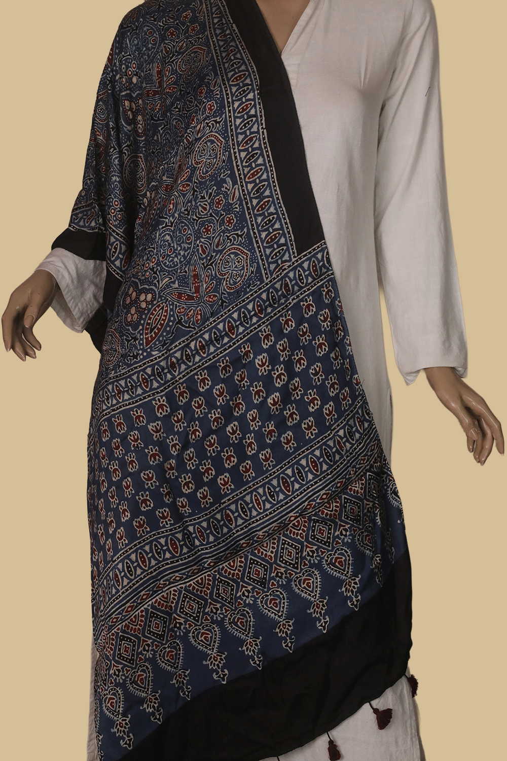Indigo Ajrak Modal Silk Stole - Image 2