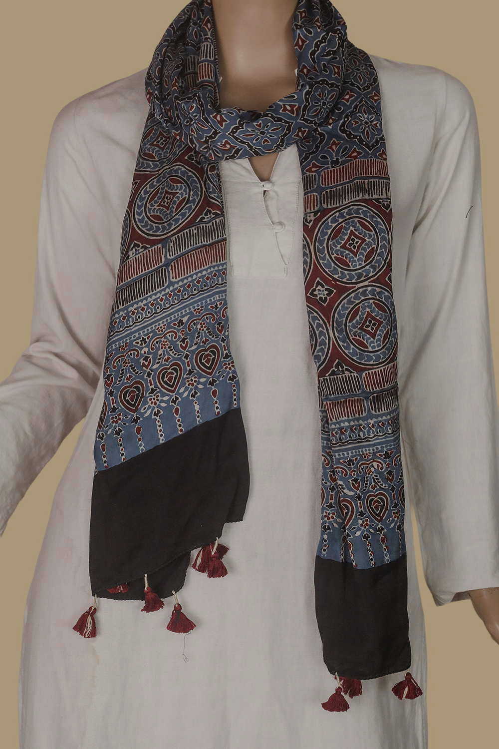 Floral Pattern - Indigo Ajrak Modal Silk Stole