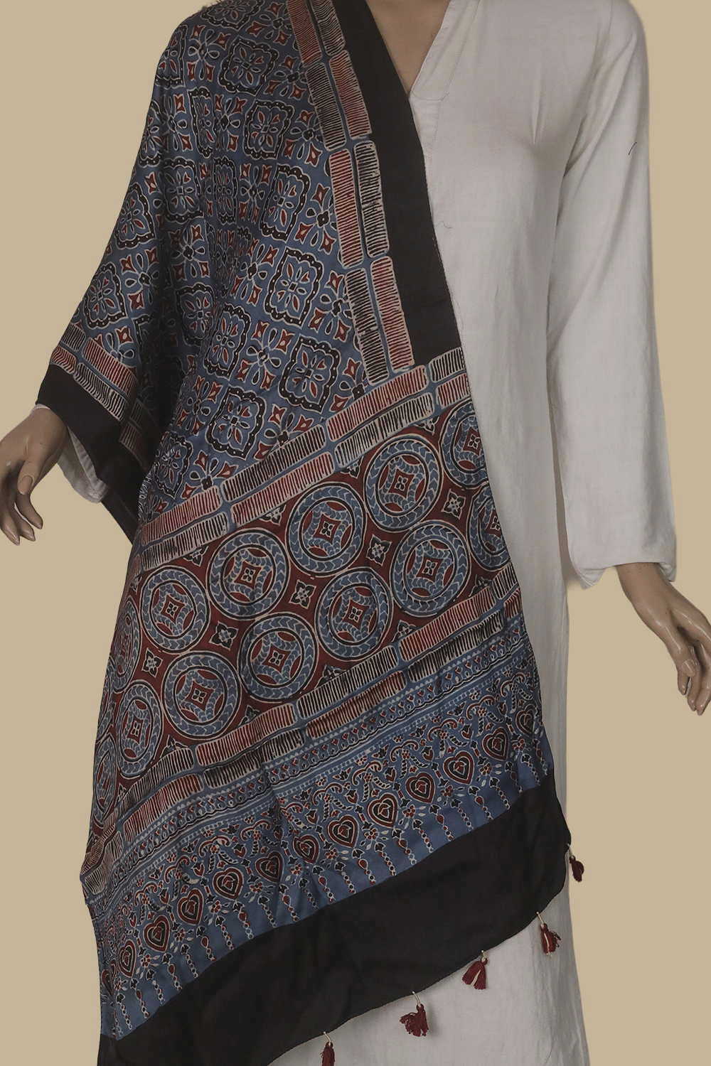 Floral Pattern - Indigo Ajrak Modal Silk Stole - Image 2