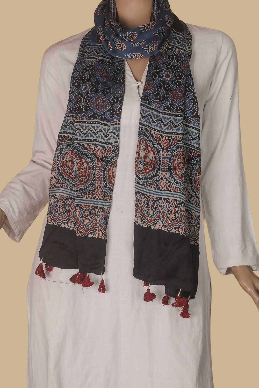 Maroon Florets - Indigo Ajrak Modal Silk Stole