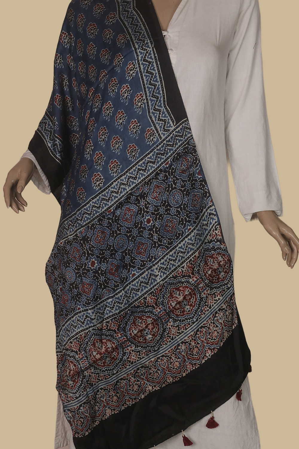 Maroon Florets - Indigo Ajrak Modal Silk Stole - Image 2