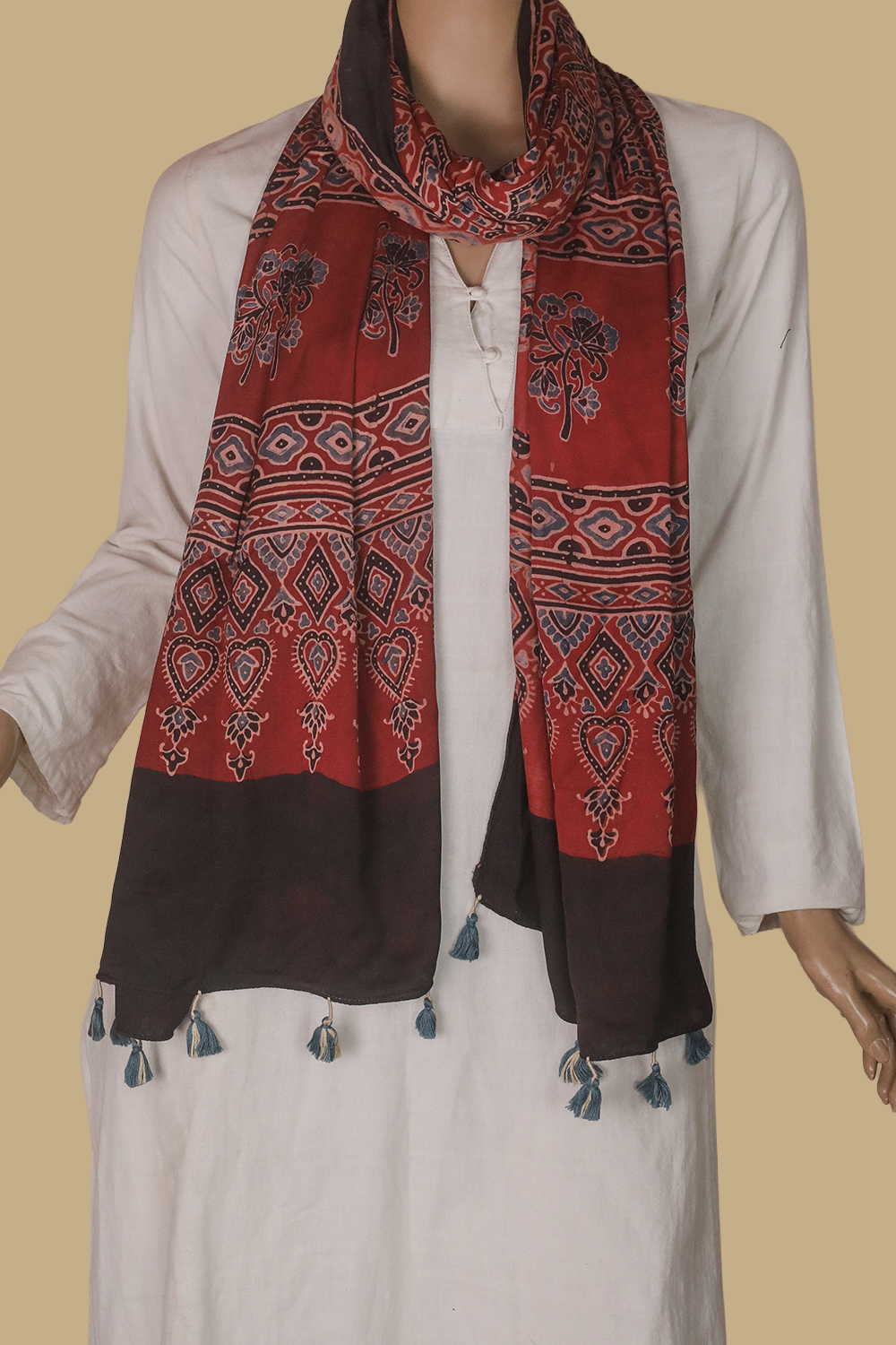 Patterned on Maroon Ajrak Modal Silk Stole