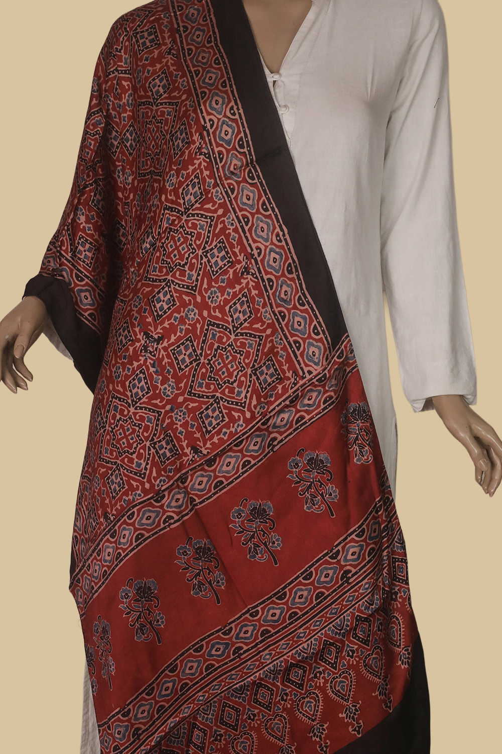 Patterned on Maroon Ajrak Modal Silk Stole - Image 2