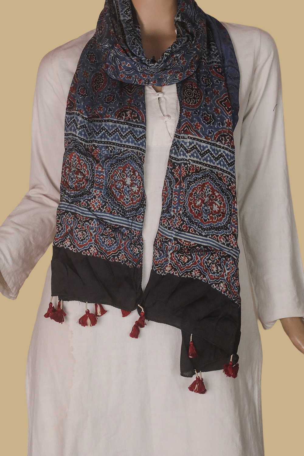 Indigo with Floral Ajrak Modal Silk Stole