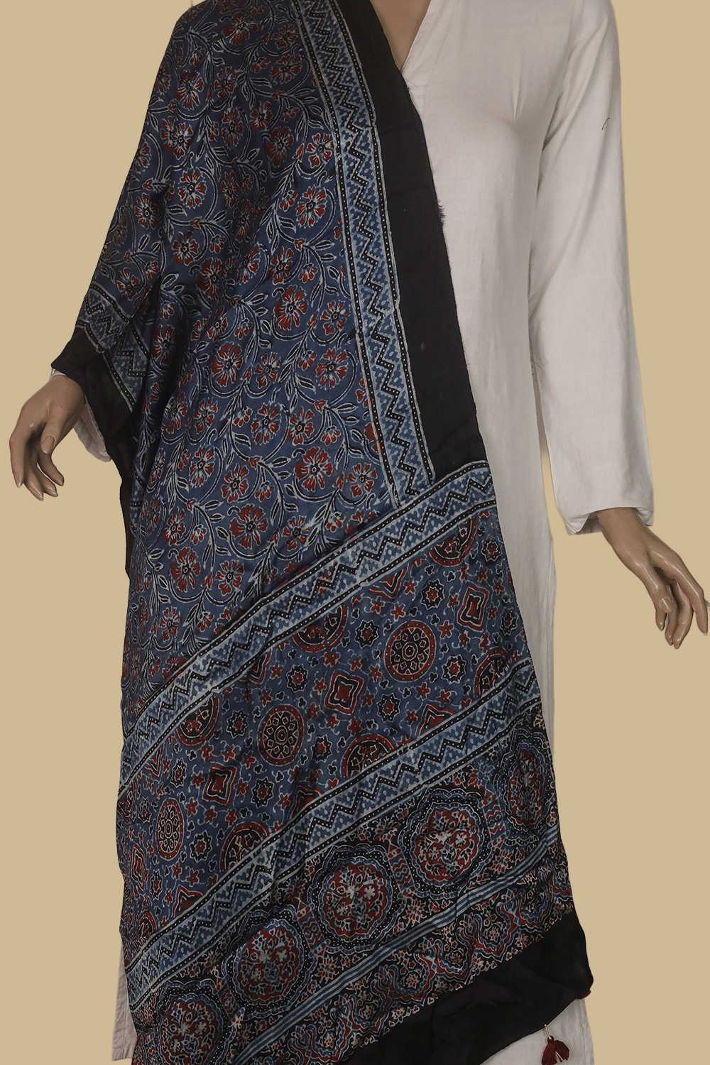 Indigo with Floral Ajrak Modal Silk Stole - Image 2