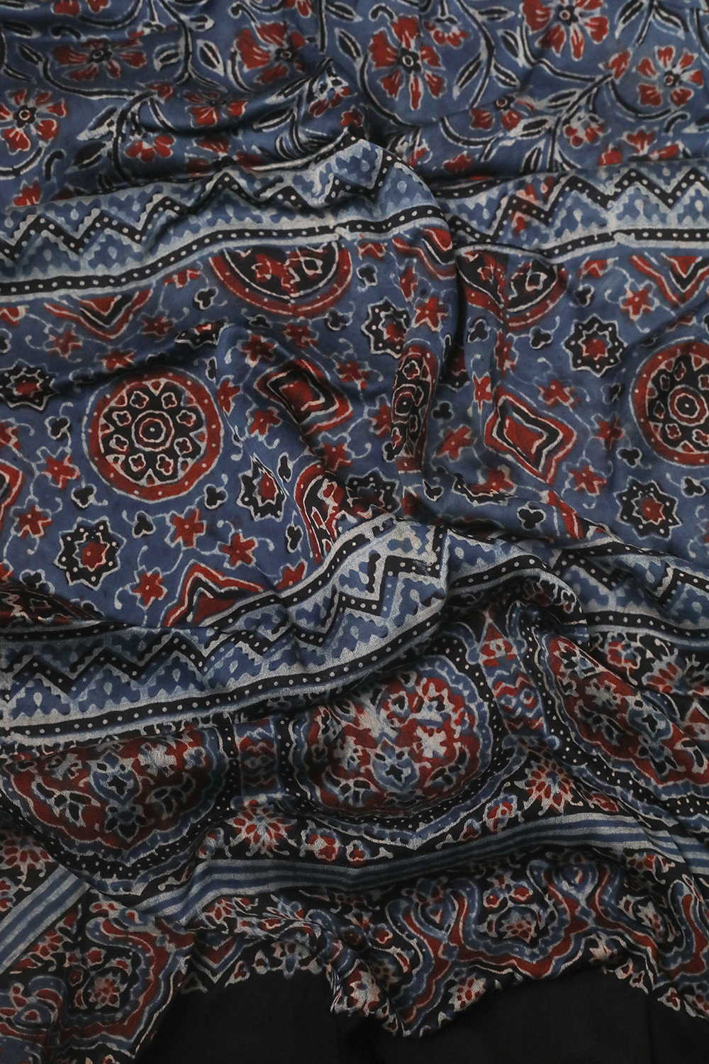 Indigo with Floral Ajrak Modal Silk Stole - Image 3