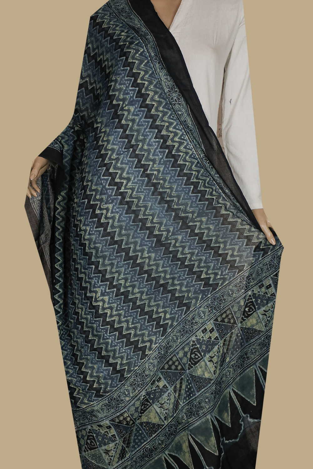 Chevron Design - Indigo Ajrak Mul Cotton Dupatta