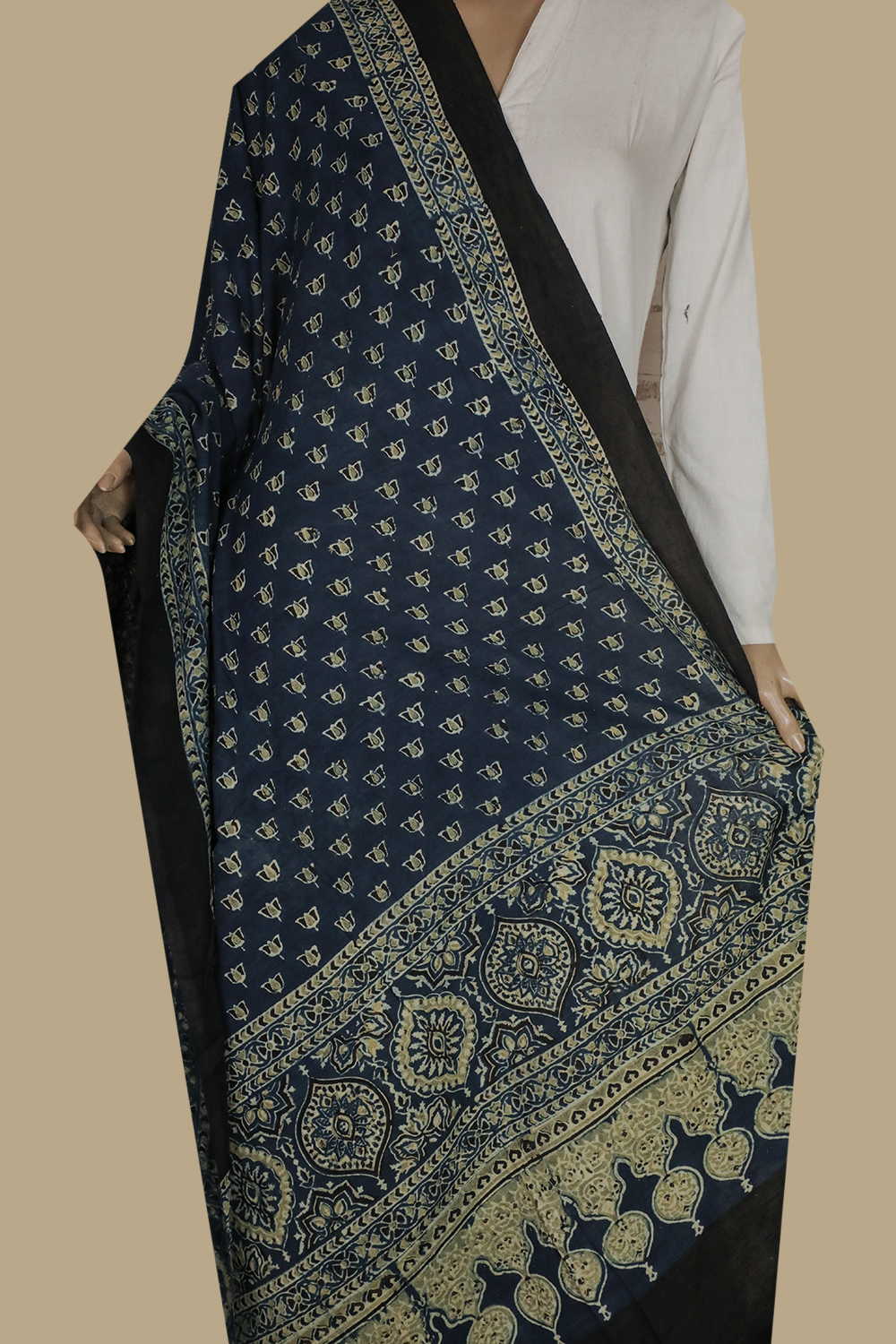 Green Lotus on Indigo Ajrak Cotton Dupatta