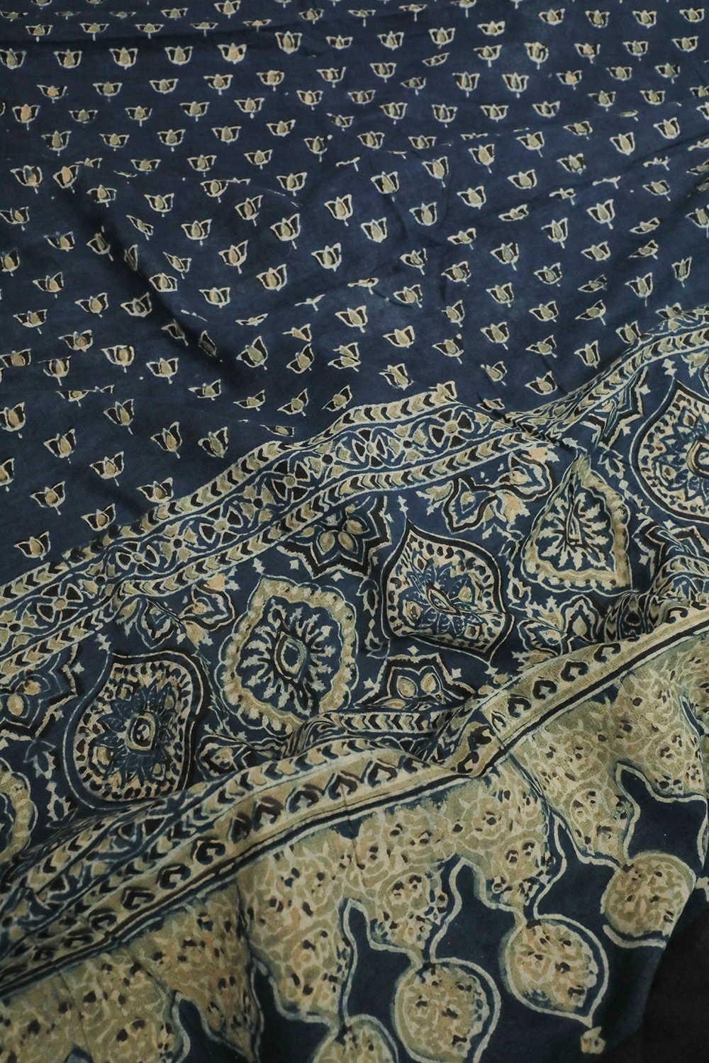 Green Lotus on Indigo Ajrak Cotton Dupatta - Image 2