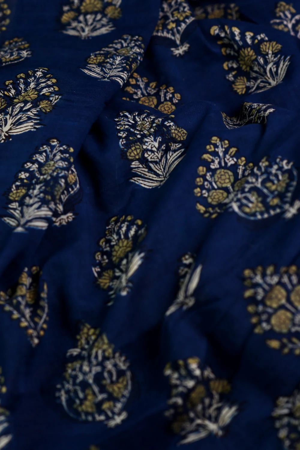 Leafy Buttas on Indigo Mul Cotton Fabric - Image 3