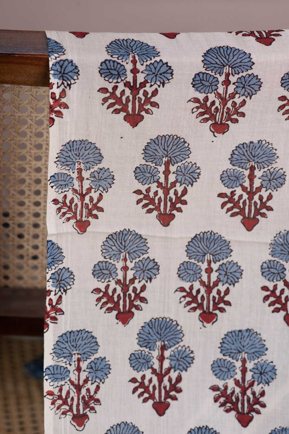 Indigo Bloom - Cream Ajrak Mul Cotton Fabric