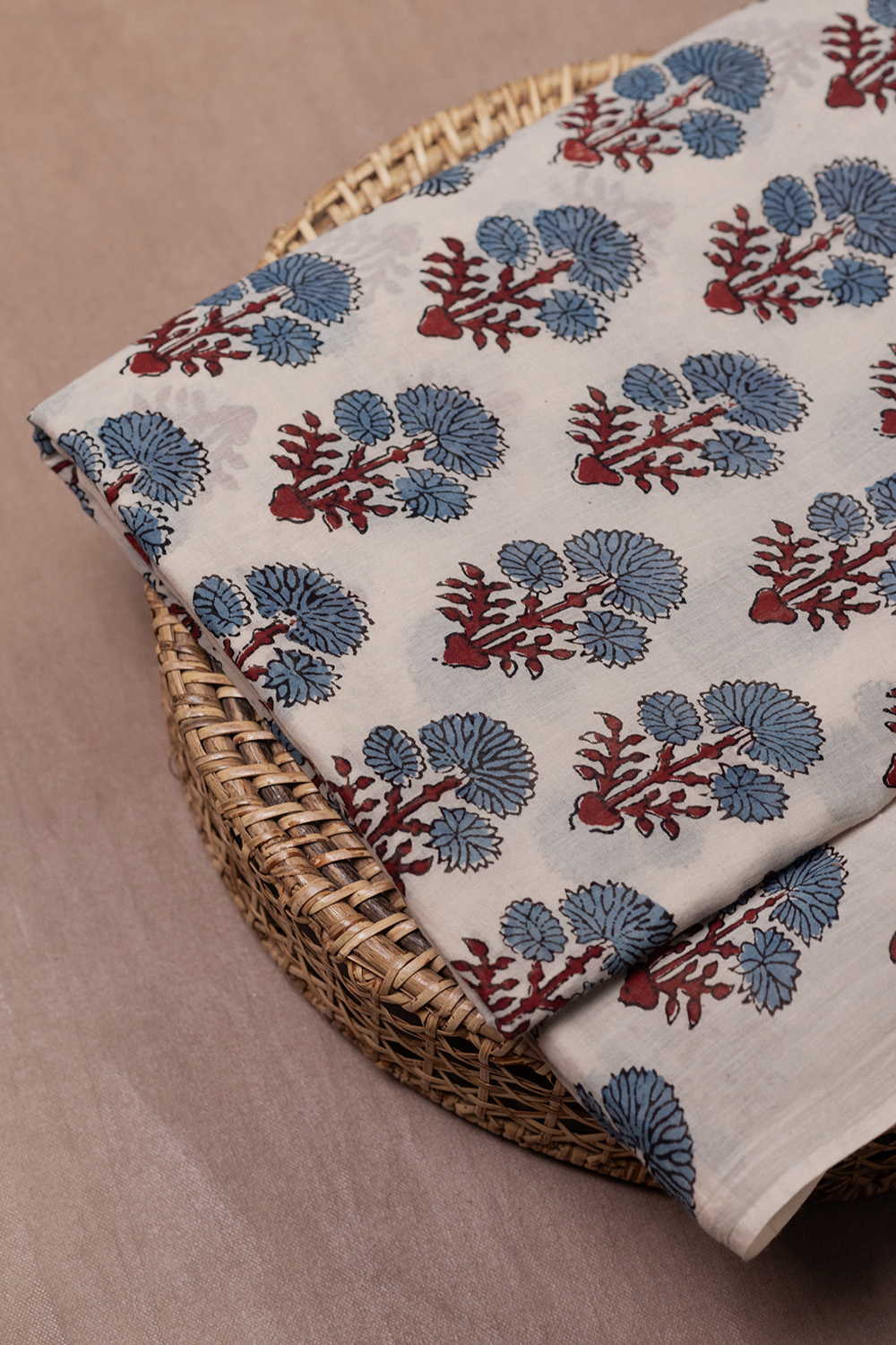 Indigo Bloom - Cream Ajrak Mul Cotton Fabric - Image 2