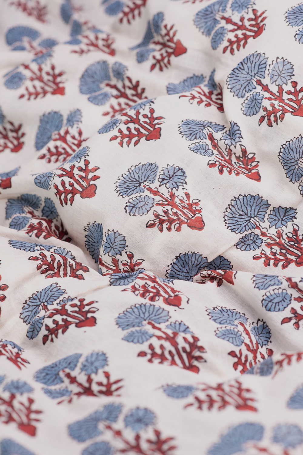 Indigo Bloom - Cream Ajrak Mul Cotton Fabric - Image 3