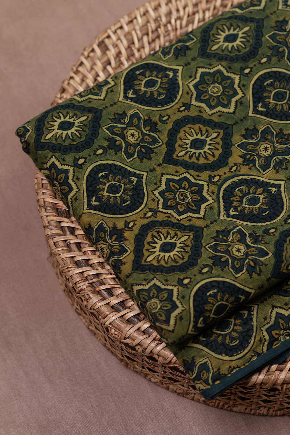 Patterned on Green Ajrak Mul Cotton Fabric - Image 2