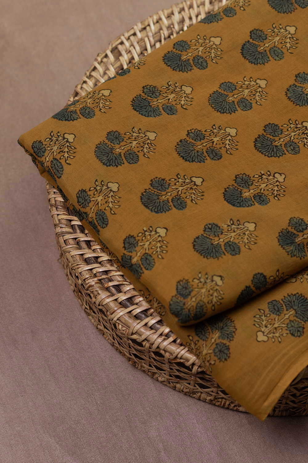 Green Tri Floral - Yellow Ajrak Mul Cotton Fabric