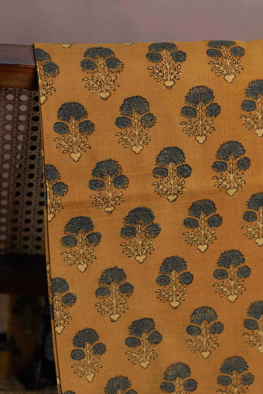 Green Tri Floral - Yellow Ajrak Mul Cotton Fabric - Image 2