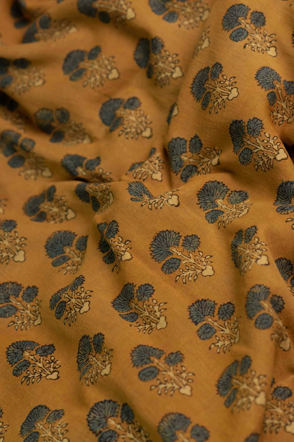 Green Tri Floral - Yellow Ajrak Mul Cotton Fabric - Image 3