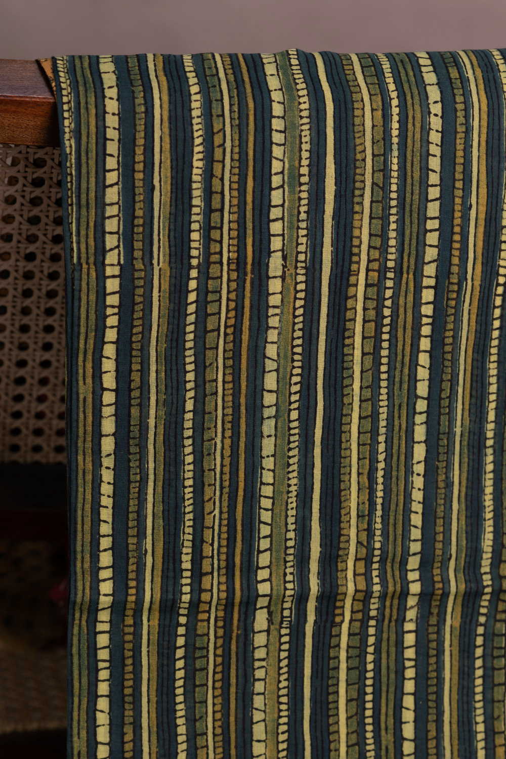 Green with Stripe Pattern Ajrak Mul Cotton Fabric