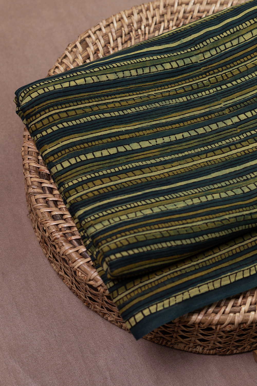 Green with Stripe Pattern Ajrak Mul Cotton Fabric - Image 2