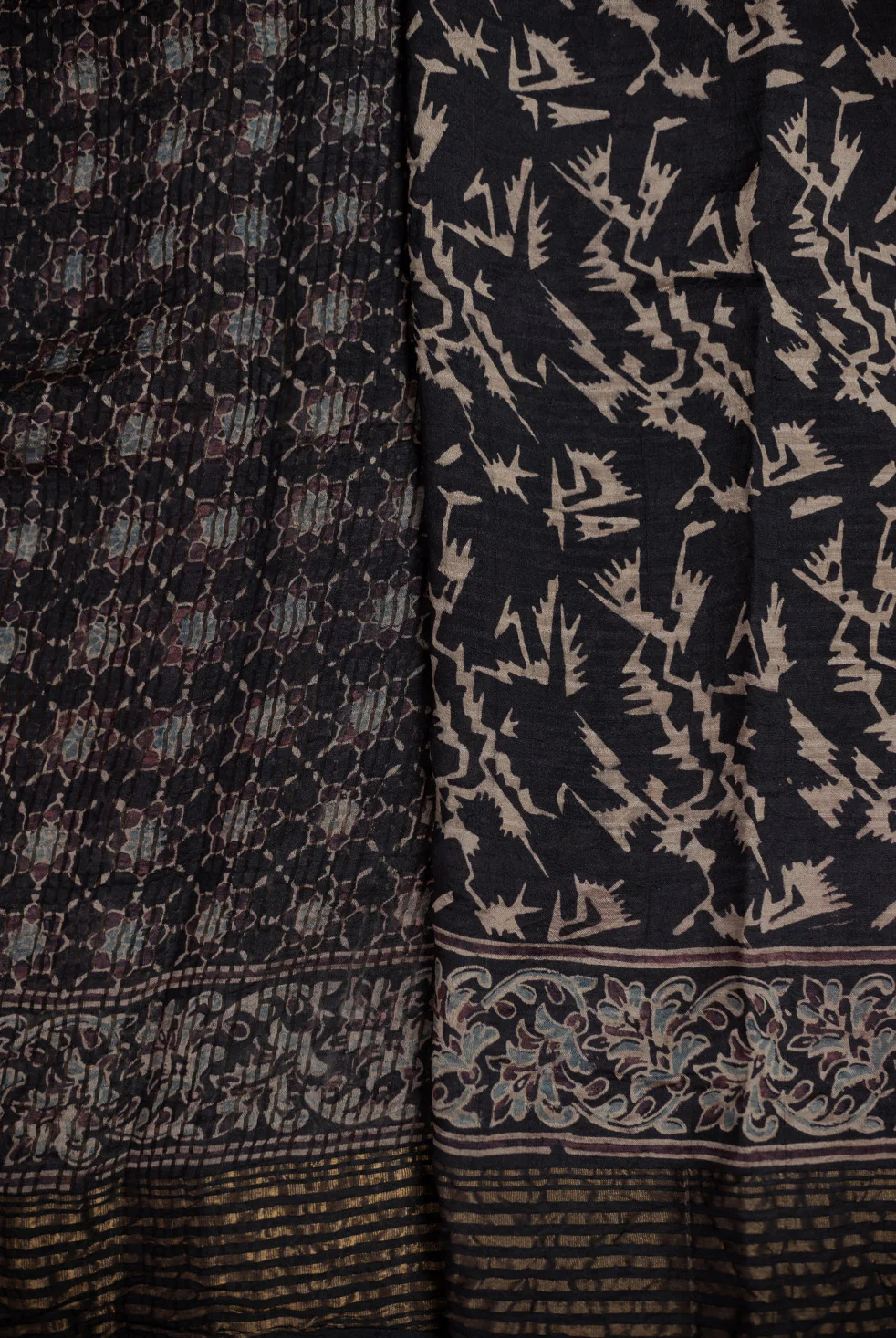 Motifs on Black Block Printed Ajrak Silk Saree - Image 4