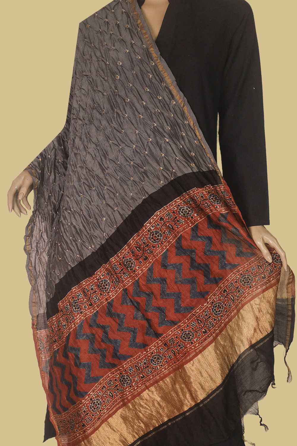 Slate Grey Bandhani Ajrak Silk Cotton Dupatta