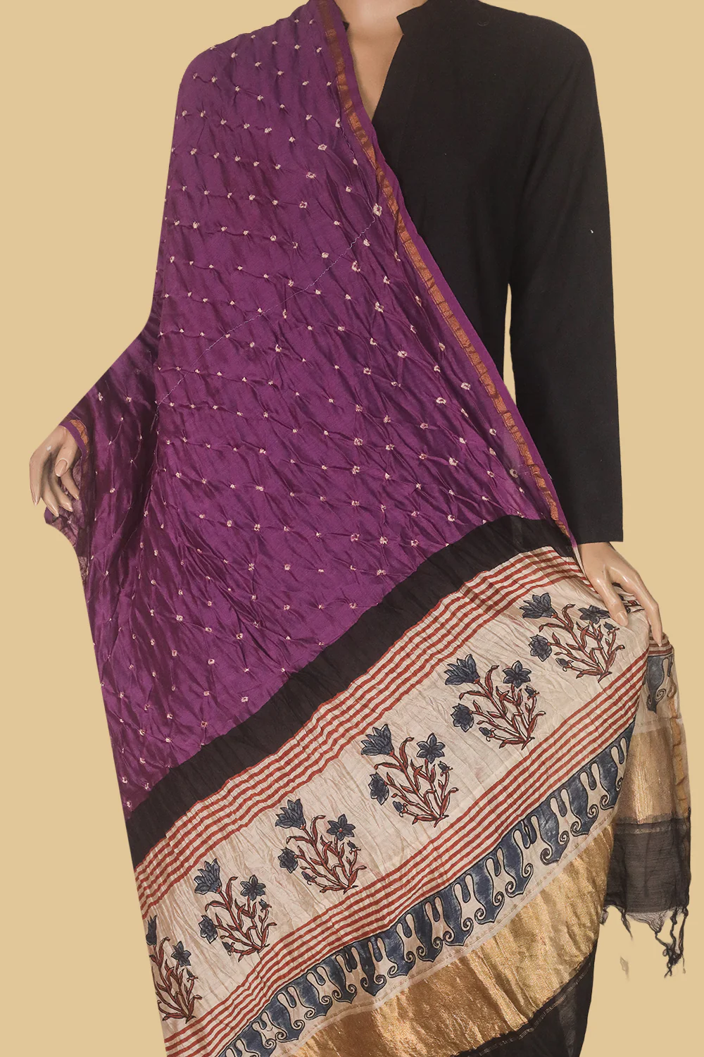 Rasberry Purple Bandhani Ajrak Silk Cotton Dupatta