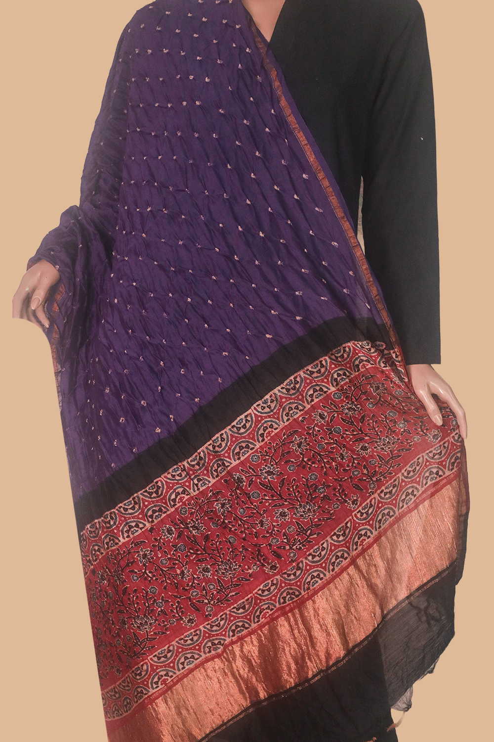 Royal Purple Bandhani Ajrak Silk Cotton Dupatta