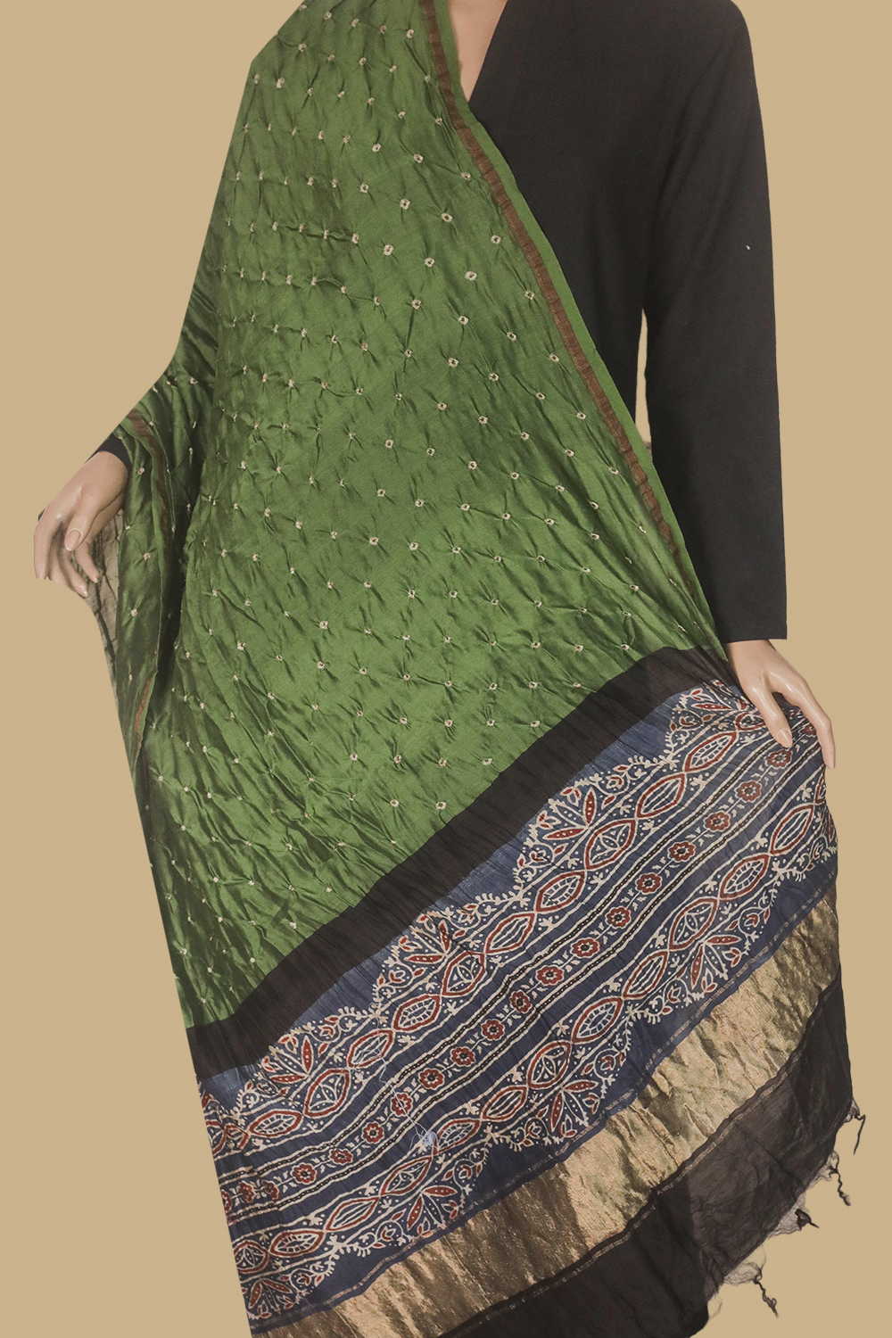 Algae Green Bandhani Ajrak Silk Cotton Dupatta