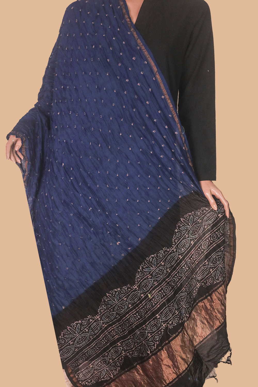 Dark Navy Blue Bandhani Ajrak Silk Cotton Dupatta