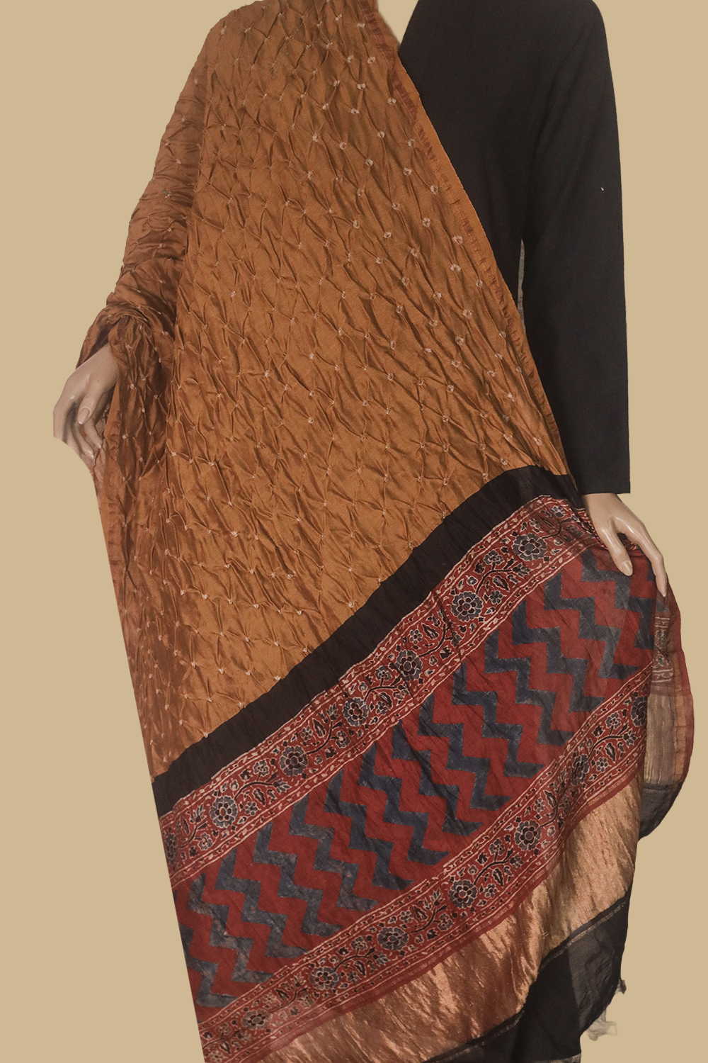 Yellow Bandhani Ajrak Silk Cotton Dupatta