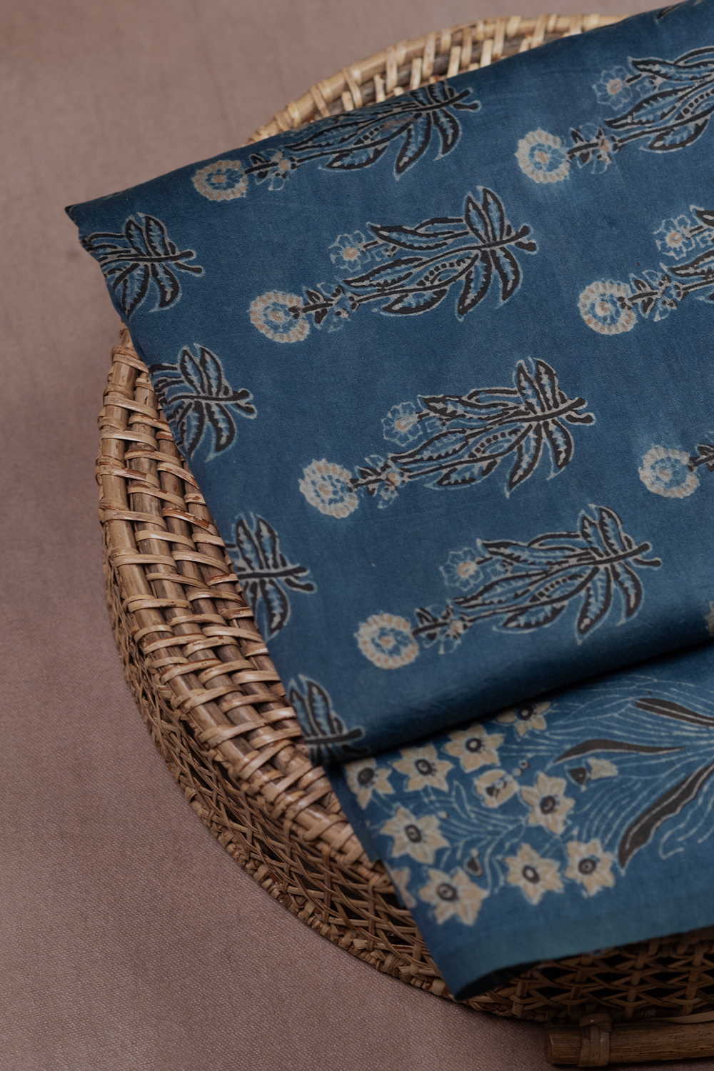 Muted Indigo Ajrak Chanderi Silk Cotton Fabric - Image 3