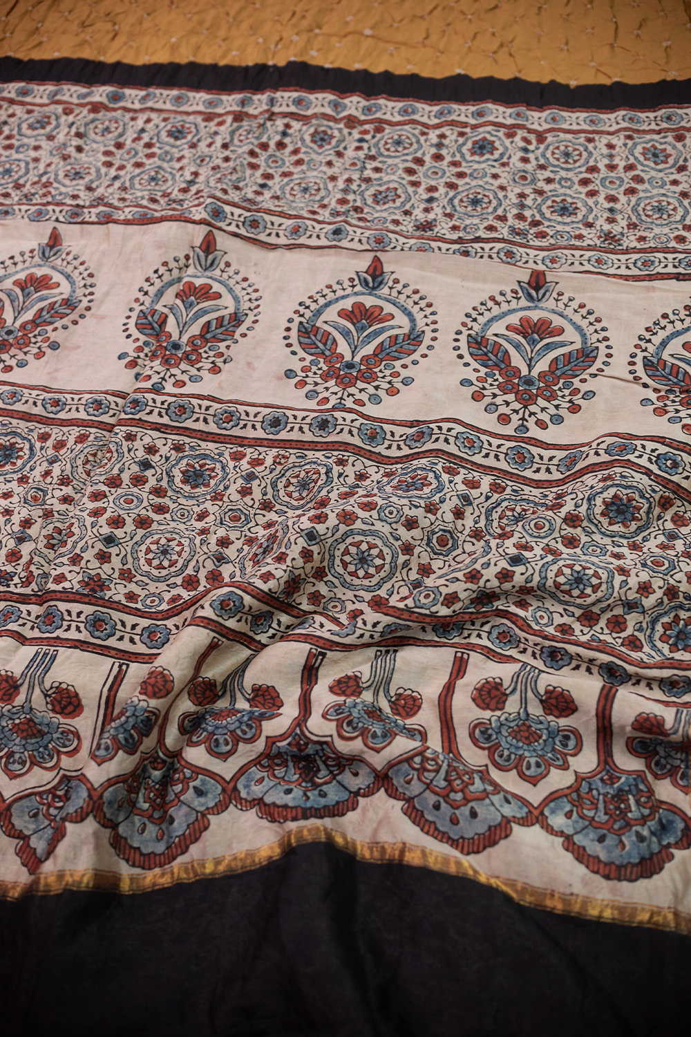 Yellow Ajrak Bandhani Ajrak Silk Cotton Saree - Image 3