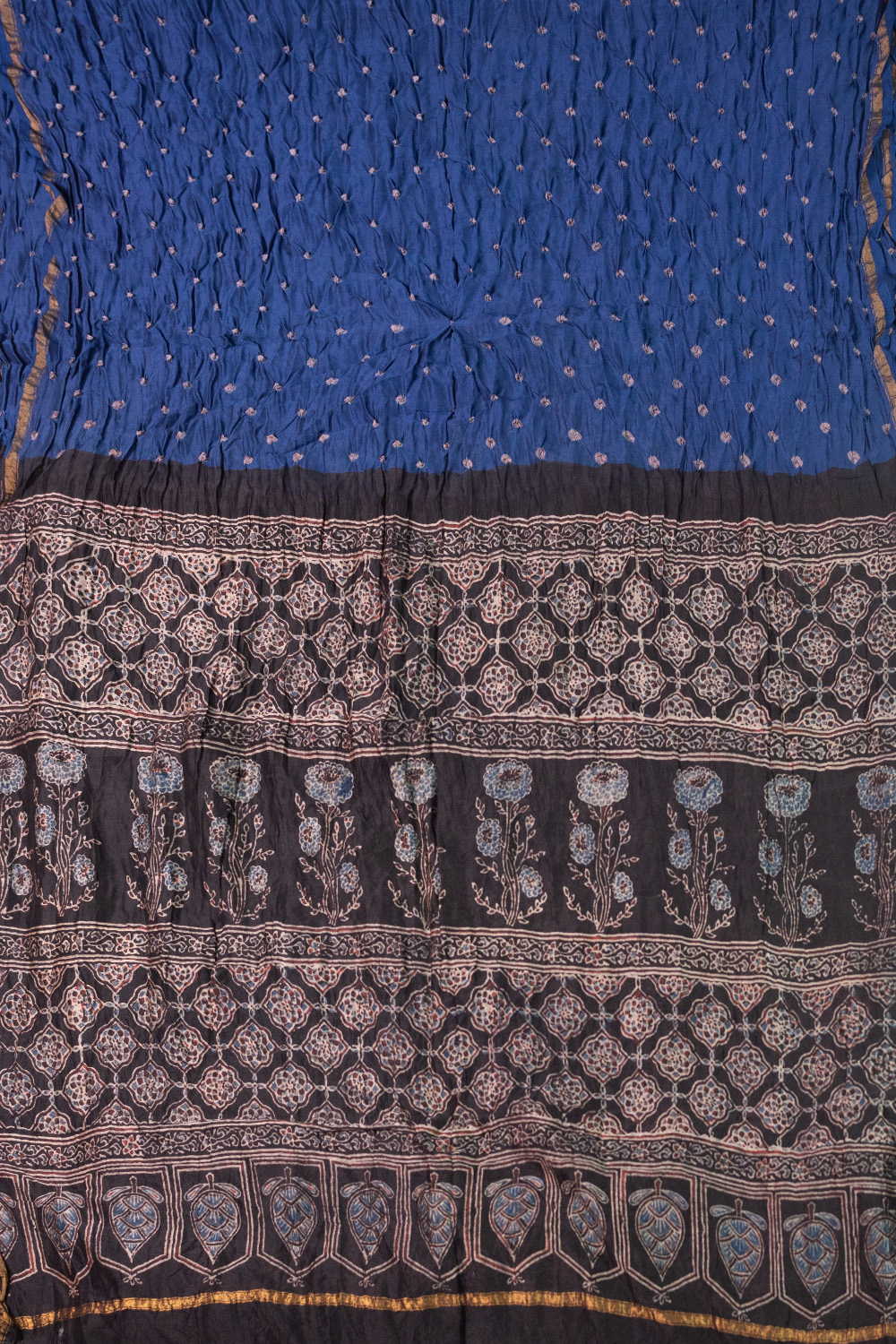Blue with Zari Border Bandhani Ajrak Silk Cotton Saree - Image 2