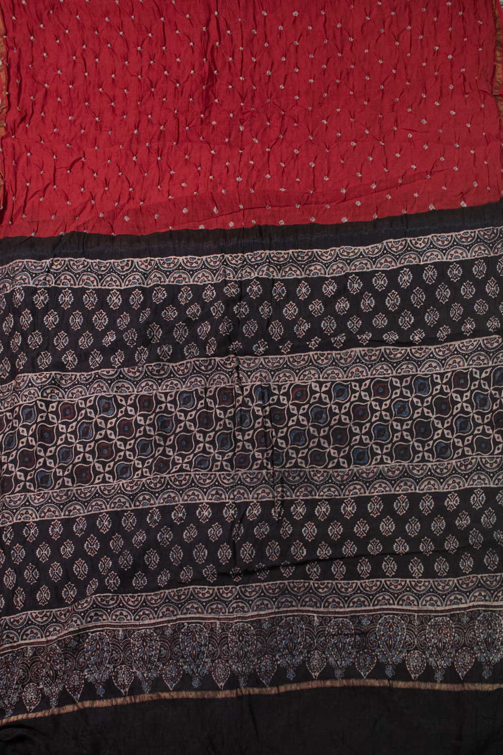Ruby Red Bandhani Ajrak Silk Cotton Saree - Image 2