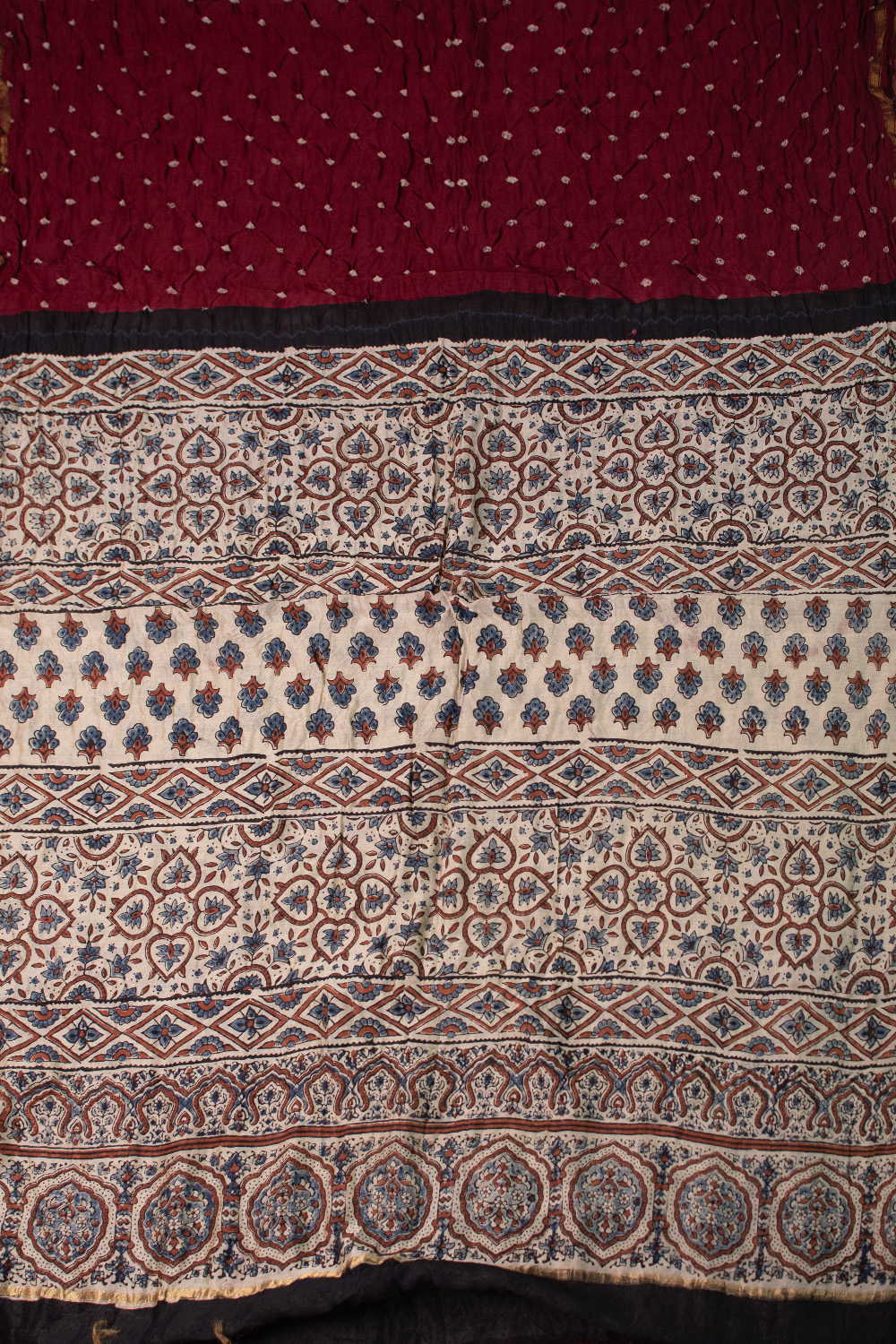 Maroon with Zari Border Bandhani Ajrak Silk Cotton Saree - Image 2