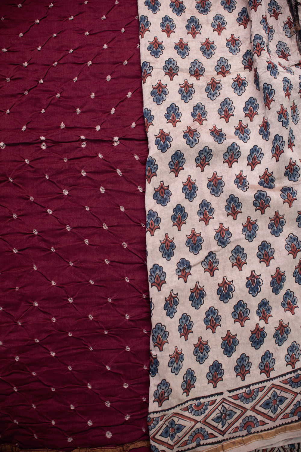 Maroon with Zari Border Bandhani Ajrak Silk Cotton Saree - Image 4