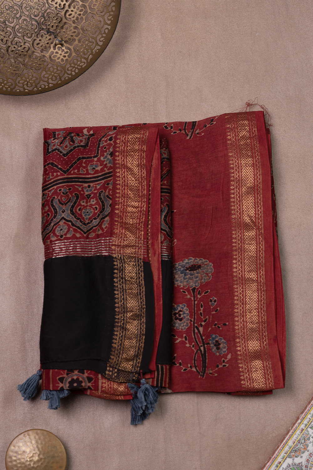 Dark Maroon Ajrak Maheshwari Top & Dupatta