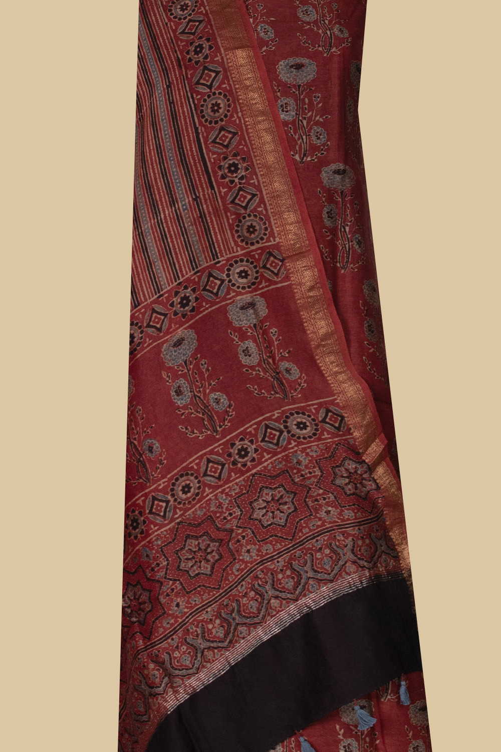 Dark Maroon Ajrak Maheshwari Top & Dupatta - Image 2