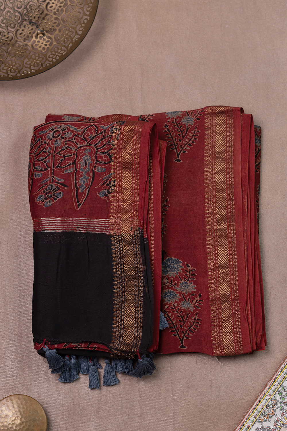 Floral Butta - Maroon Ajrak Maheshwari Top & Dupatta - Image 2