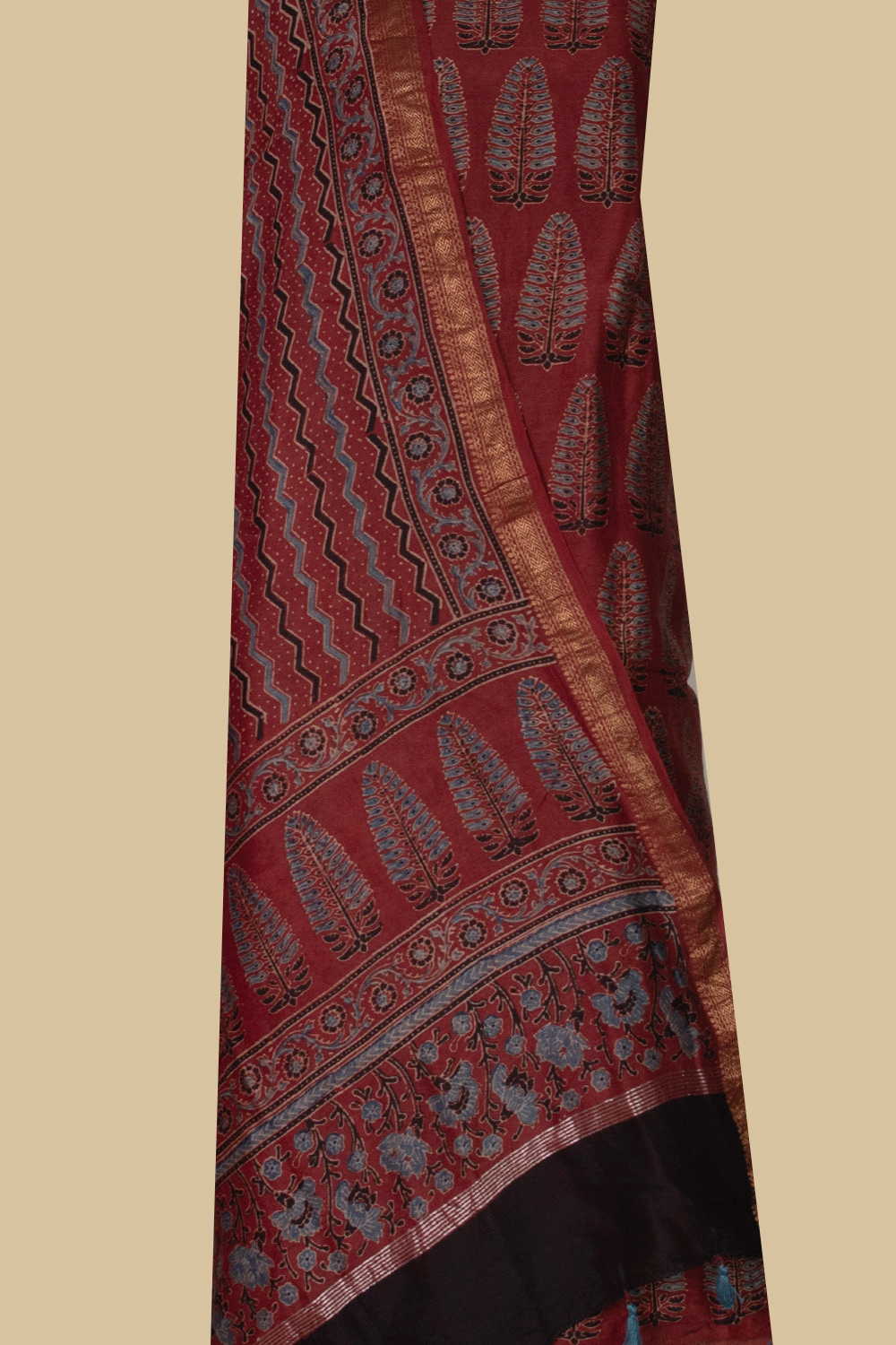 Deep Maroon Ajrak Maheshwari Top & Dupatta