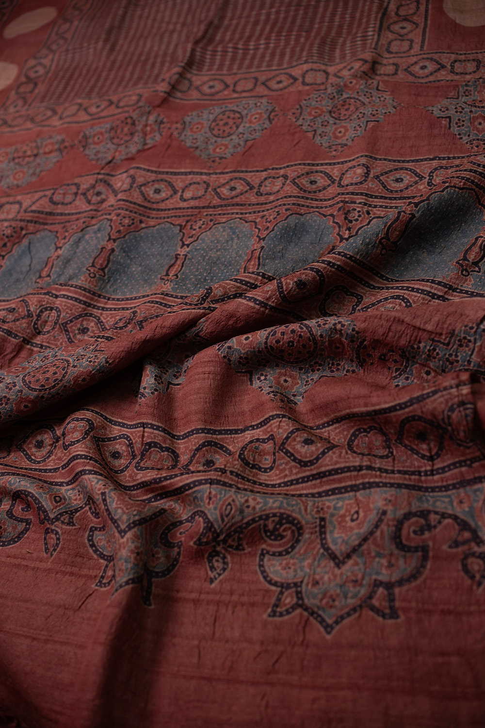 Rusted Maroon Ajrak Desi Tussar Silk saree - Image 3