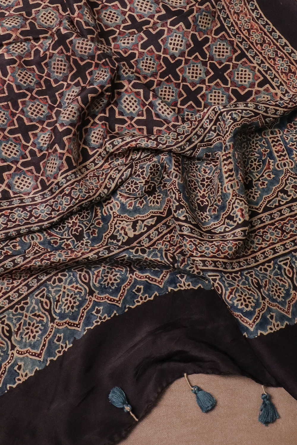 Dense Pattern - Muted Black Ajrak Silk Stole - Image 3